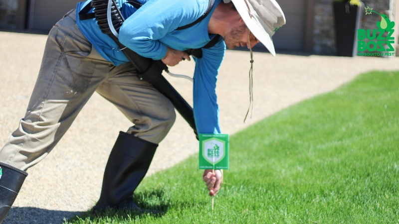 Buzz Boss worker posting a sign that they performed pest control
