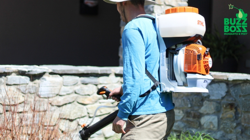 Buzz Boss worker spraying yard for pests