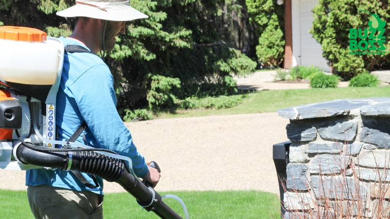 Buzz Boss worker spraying yard against pests