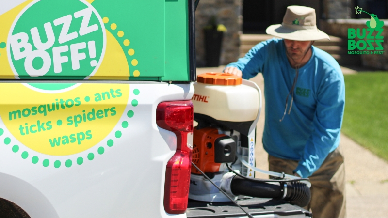 Buzz Boss worker preparing to spray against pests