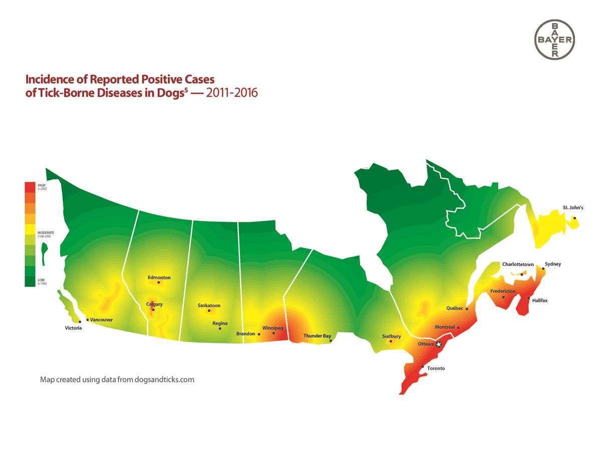 Map showing reported incidents of tick-borne diseases in dogs
